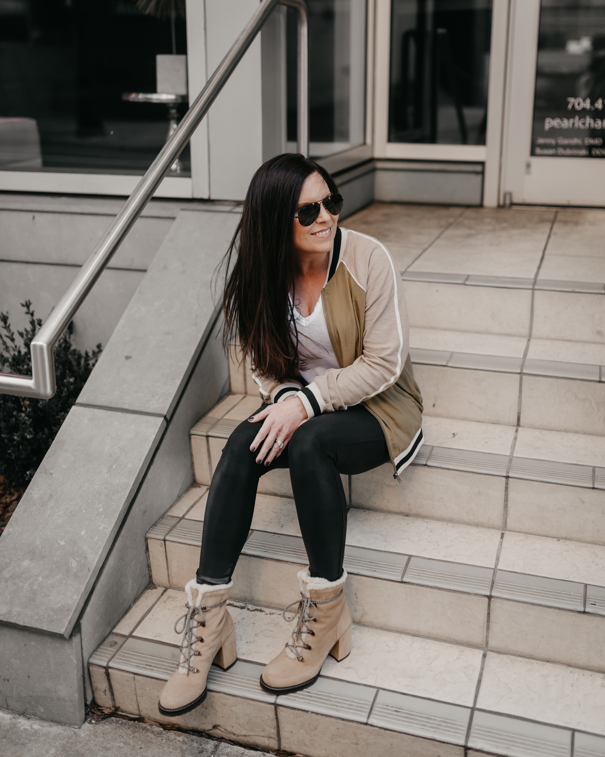clean chic sophisticated style with bomber jacket, leggings and booties