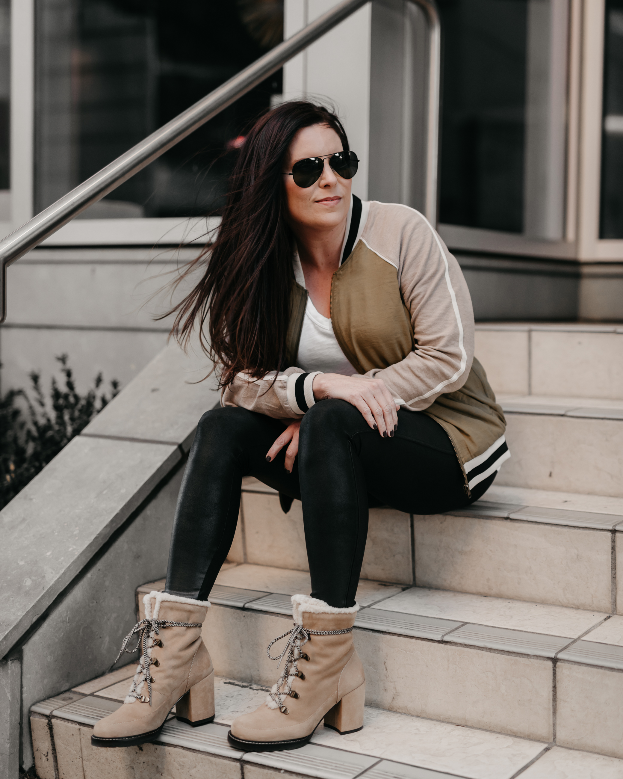 chic clean sophisticated style with bomber jacket, leggings and booties